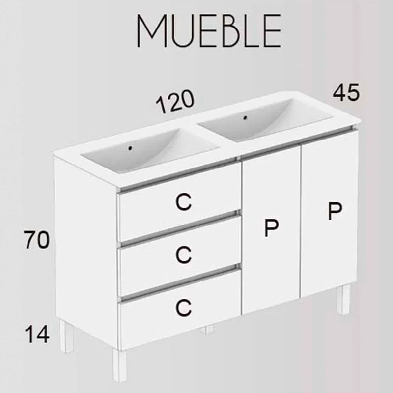 Mueble de baño MANILA a suelo 120 cm 3 cajones / 2 puertas con lavabo ceramico