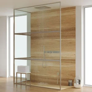 Fijo de
ducha a techo LINE XL con perfileria enmarcada 3 cuerpos - Vidrio 4 MM con
tratamiento anti-cal incluido- Brazo sujección acero inox