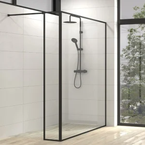 Fijo de
  ducha a medida mampara LINE con perfilería extra enmarcada 2 cuerpos - Vidrio
  4 MM con tratamiento anti-cal incluido- Brazo sujecci?n acero inox