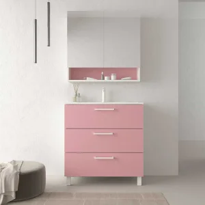 Mueble
  de baño con patas NEXO 3 cajones fondo reducido 40 cm lacado mate con lavabo
  porcelana ROSA PALO