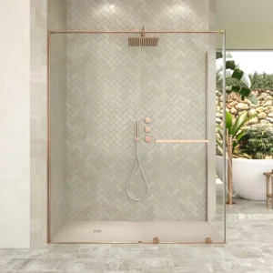 Mampara
  de ducha rectangular VERONA apertura frontal 1 fijo-1 puerta corredera con
  ruedas inferiores + 1 fijo acabado COBRE