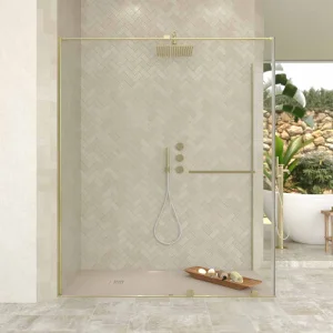 Mampara
  de ducha rectangular VERONA apertura frontal 1 fijo-1 puerta corredera con
  ruedas inferiores + 1 fijo acabado ORO MATE