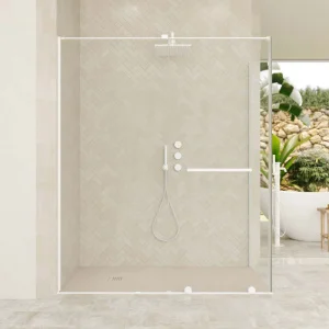 Mampara
de ducha rectangular VERONA apertura frontal 1 fijo-1 puerta corredera con
ruedas inferiores + 1 fijo acabado BLANCO MATE