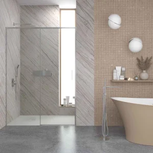 Mampara
de ducha NEXO frontal 1 fijo - 1 puerta corredera perfil MINIMALISTA Cromo
brillo