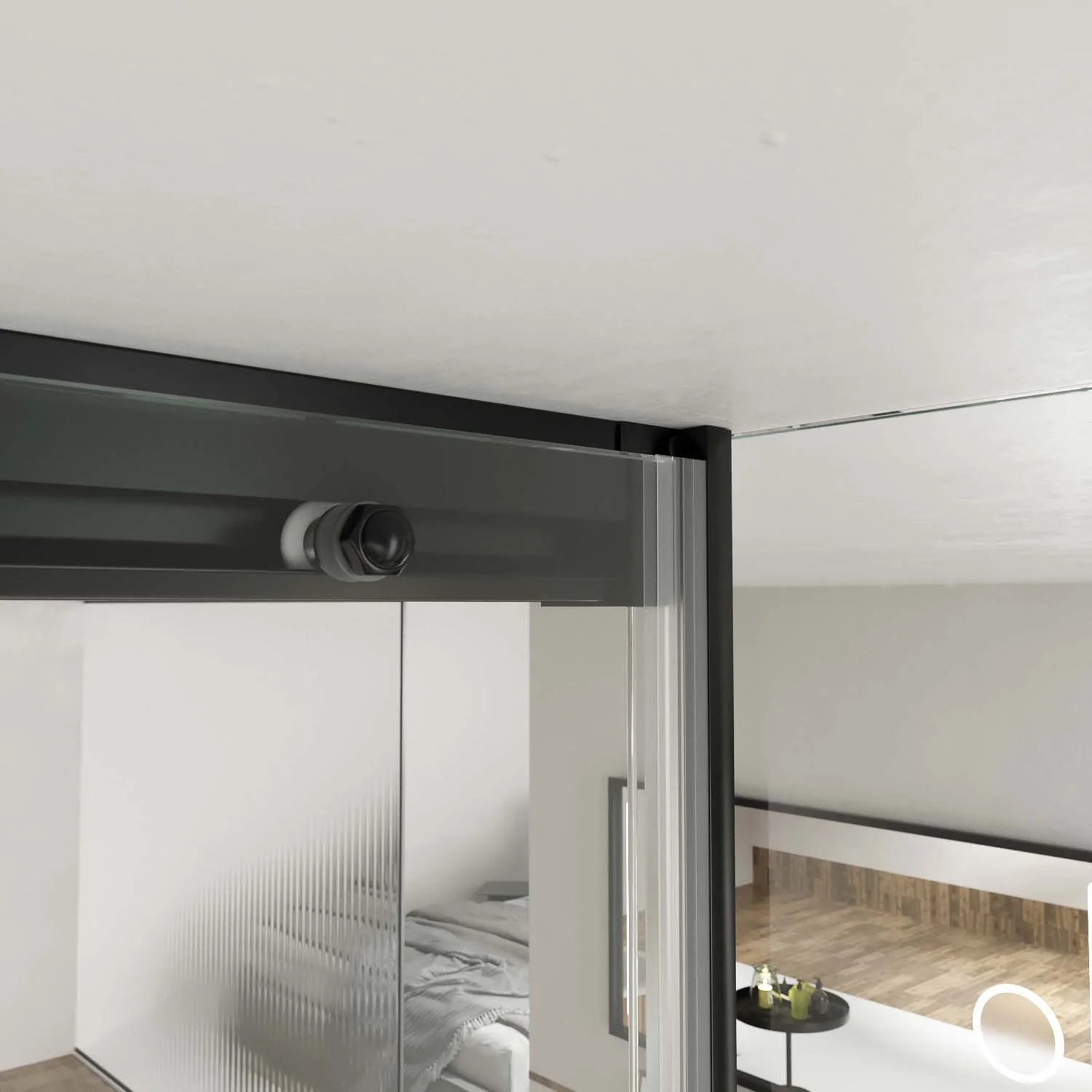Mampara
de ducha a techo TECH HIGH rectangular 1 fijo - 1 puerta corredera + 1 fijo
vidrio 8 mm. ACERO INOXIDABLE acabado NEGRO MATE