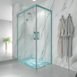 Mampara
  de ducha rectangular LINEA apertura angular 2 fijos-2 puertas correderas. Sin
  perfil inferior. Acabado AZUL TURQUESA