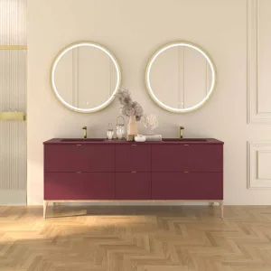 Mueble
de baño VICENT con patas 6 cajones encimera Solid Surface 2 lavabos