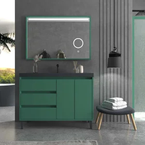 Mueble
de baño BOX a suelo 120 cm 3 cajones / 2 puertas con lavabo resina 6 cm .
VERDE PATINA