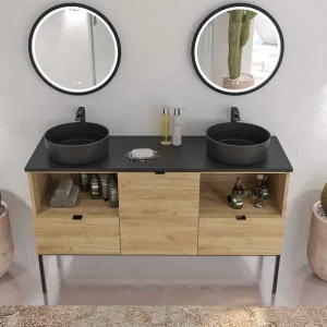 Mueble
  de baño ELLA con patas 2 cajones - 1 puerta con tapa SOLID SURFACE acabado
  ROBLE CLARO