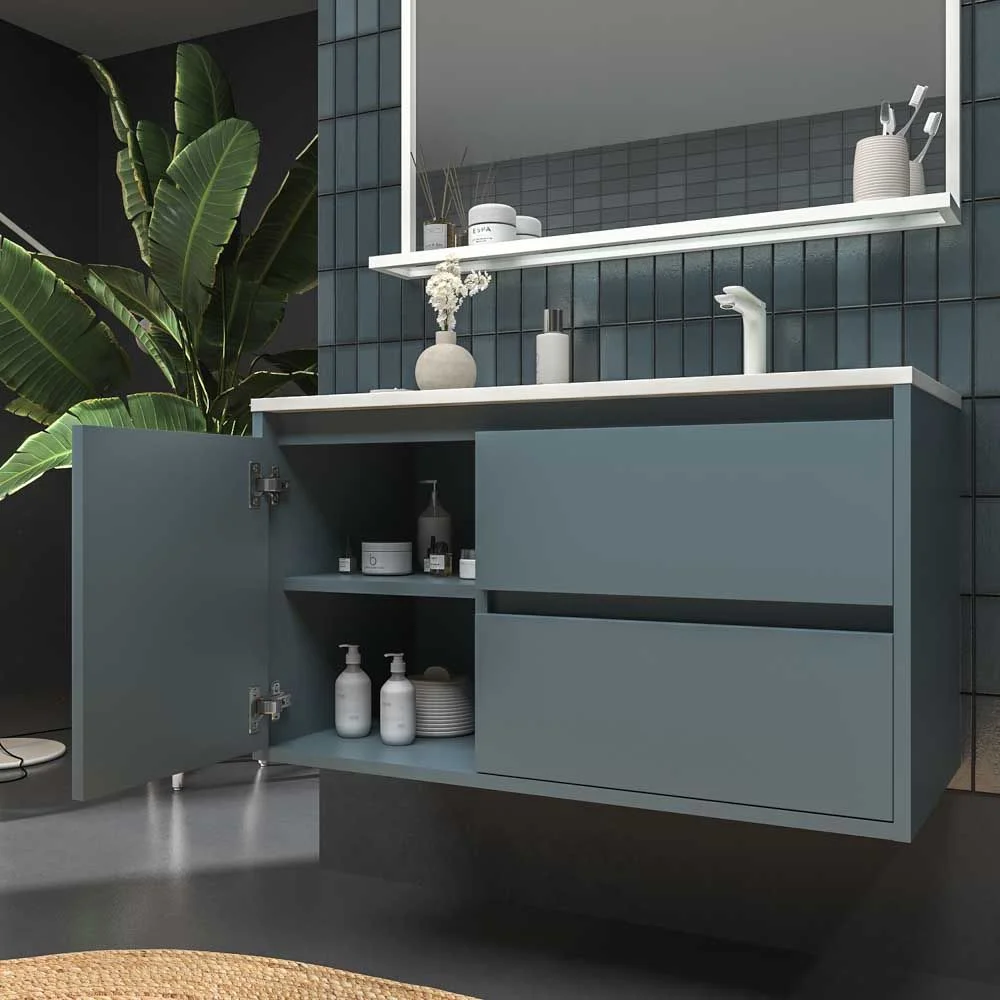 Mueble
de baño suspendido 2 cajones / 1 puerta CLAIRE con lavabo Solid Surface GRIS
AZULADO