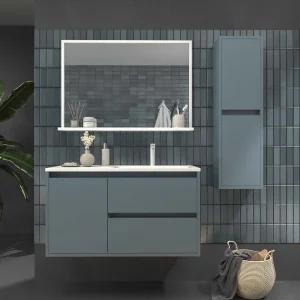 Mueble
  de baño suspendido 2 cajones / 1 puerta CLAIRE con lavabo Solid Surface GRIS
  AZULADO