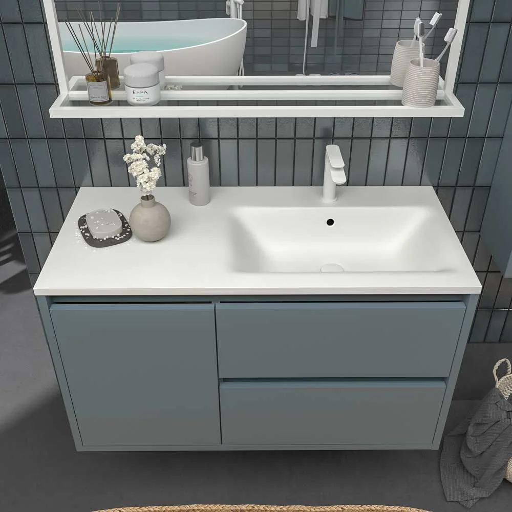 Mueble
de baño suspendido 2 cajones / 1 puerta CLAIRE con lavabo Solid Surface GRIS
AZULADO