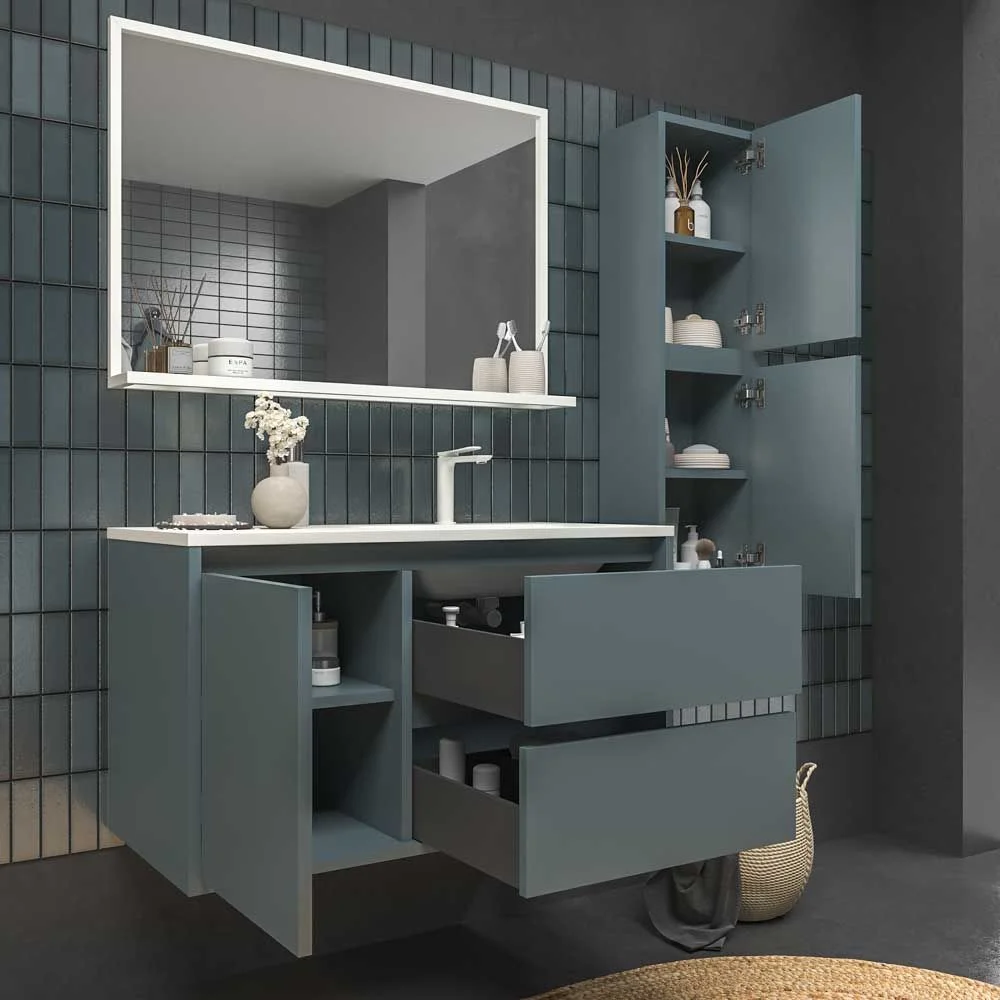 Mueble
de baño suspendido 2 cajones / 1 puerta CLAIRE con lavabo Solid Surface GRIS
AZULADO