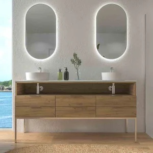 Mueble
de baño ELLA con patas 6 cajones - 1 hueco con tapa SOLID SURFACE 2 lavabos
ROBLE CLARO