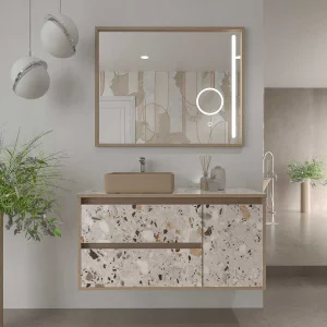 Mueble
  de baño suspendido 2 cajones/ 1 puerta UNICO efecto terrazo con lavabo SATET
  Solid Surface