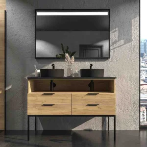 Mueble
  de baño ELLA con patas 4 cajones - 1 hueco con tapa SOLID SURFACE 2 lavabos
  ROBLE CLARO
