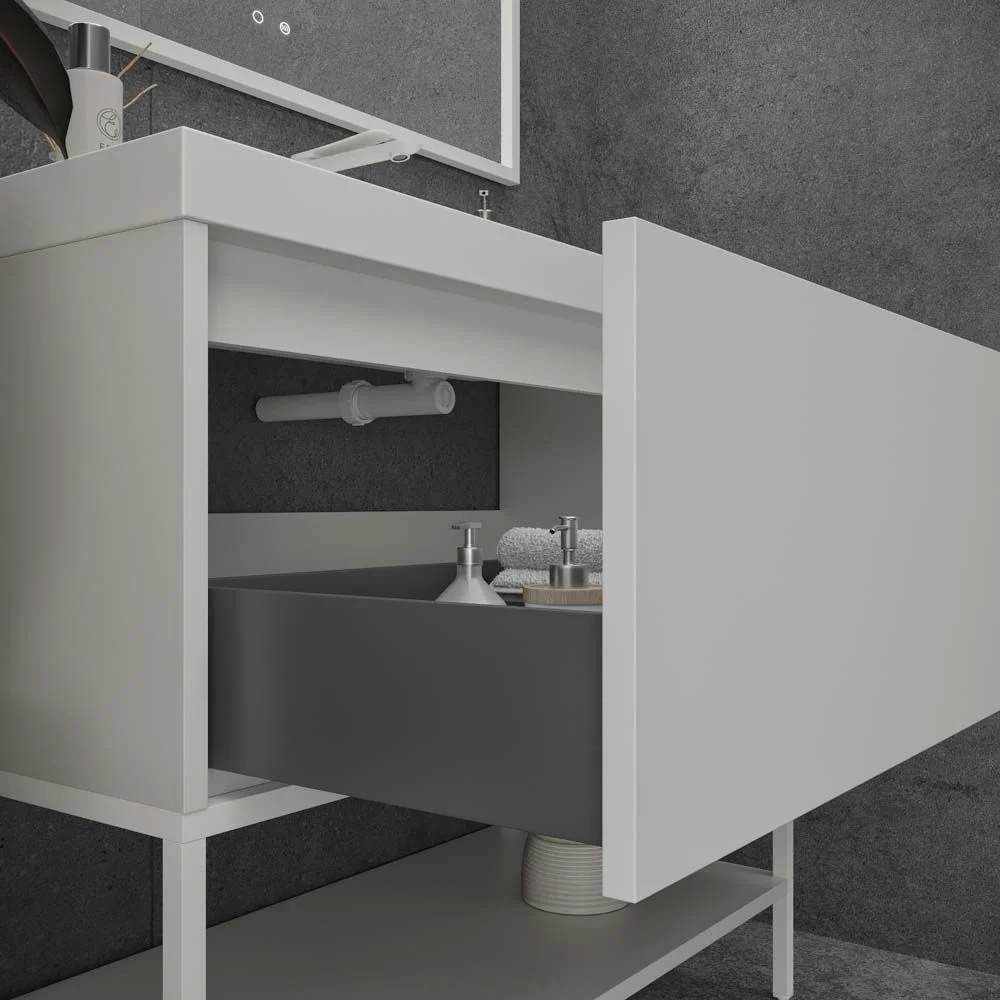 Mueble
de baño con patas 2 cajones - 2 puertas SMILE con lavabo Solid Surface 2
senos AMARILLO AZAFRAN
