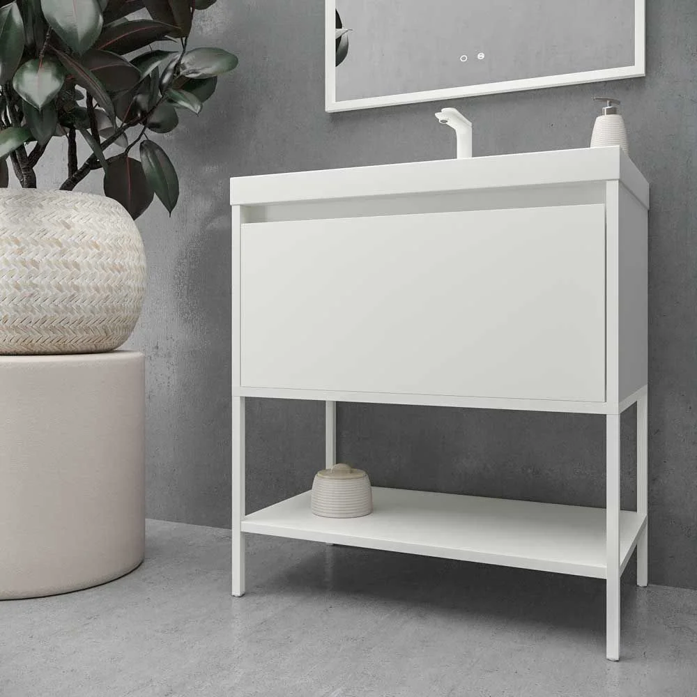 Mueble
de baño con patas 2 cajones - 2 puertas SMILE con lavabo Solid Surface 2
senos AMARILLO AZAFRAN