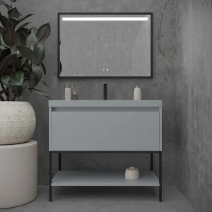 Mueble
  de baño con patas 2 cajones SMILE con lavabo Solid Surface AZUL TURQUESA