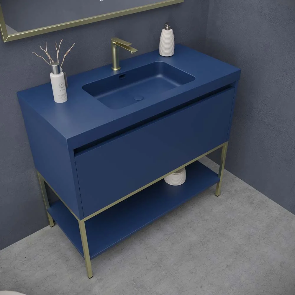 Mueble
de baño con patas 2 cajones - 2 puertas SMILE con lavabo Solid Surface 2
senos AMARILLO AZAFRAN
