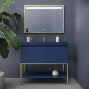 Mueble
  de baño con patas 2 cajones - 2 puertas SMILE con lavabo Solid Surface 2
  senos AMARILLO AZAFRAN