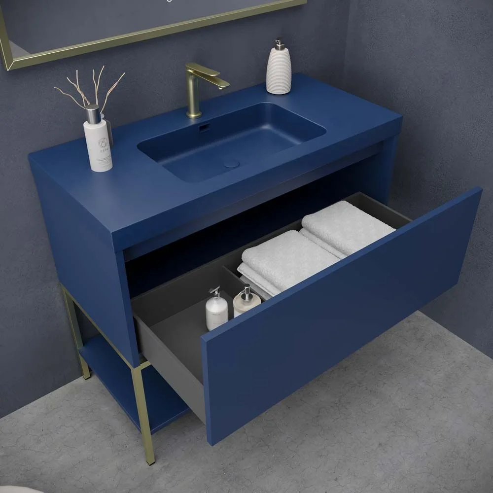 Mueble
de baño con patas 2 cajones - 2 puertas SMILE con lavabo Solid Surface 2
senos AMARILLO AZAFRAN