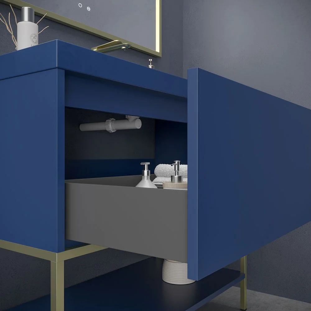 Mueble
de baño con patas 2 cajones - 2 puertas SMILE con lavabo Solid Surface 2
senos AMARILLO AZAFRAN