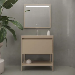 Mueble
  de baño con patas 2 cajones SMILE con lavabo Solid Surface BLANCO