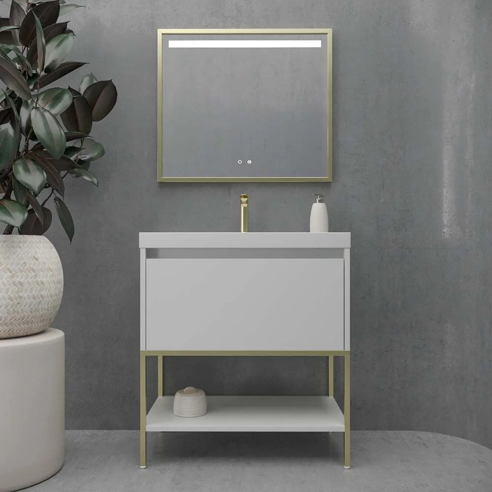 Mueble
de baño con patas 2 cajones SMILE con lavabo Solid Surface BLANCO