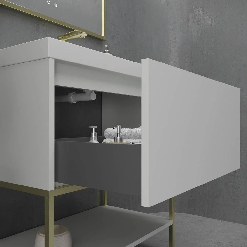 Mueble
de baño con patas 2 cajones SMILE con lavabo Solid Surface BEIGE