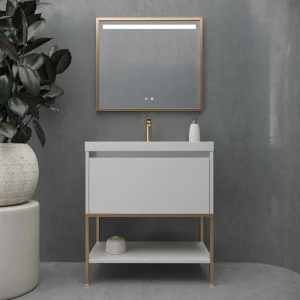 Mueble
  de baño con patas 2 cajones SMILE con lavabo Solid Surface BEIGE