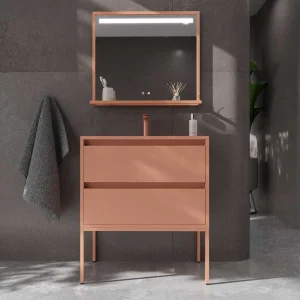 Mueble
  de baño con patas 2 cajones - 2 puertas SMILE con lavabo Solid Surface 2
  senos AMARILLO AZAFRAN