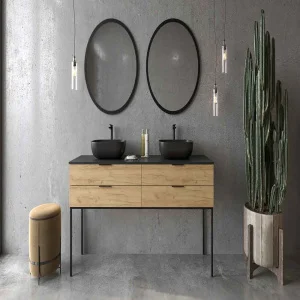 Mueble de baño ELLA con patas 4 cajones  ROBLE CLARO con tapa SOLID SURFACE lavabos HORUS
