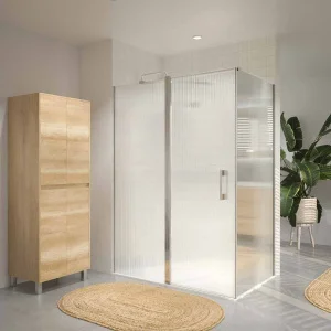 Mampara de ducha rectangular OPEN 2 fijos - 1 puerta abatible VIDRIO ACANALADO a medida CROMO BRILLO
