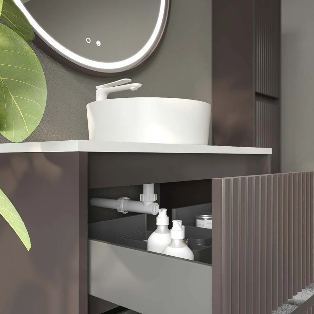 Mueble de baño suspendido 2 cajones MILIA con lavabo Solid Surface MARRON - Imagen 2
