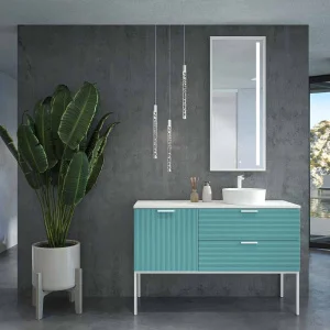 Mueble de baño HOLE con patas 2 cajones/1puerta acabado PASTEL TURQUESA con tapa y lavabo Osiris Solid Surface BLANCO