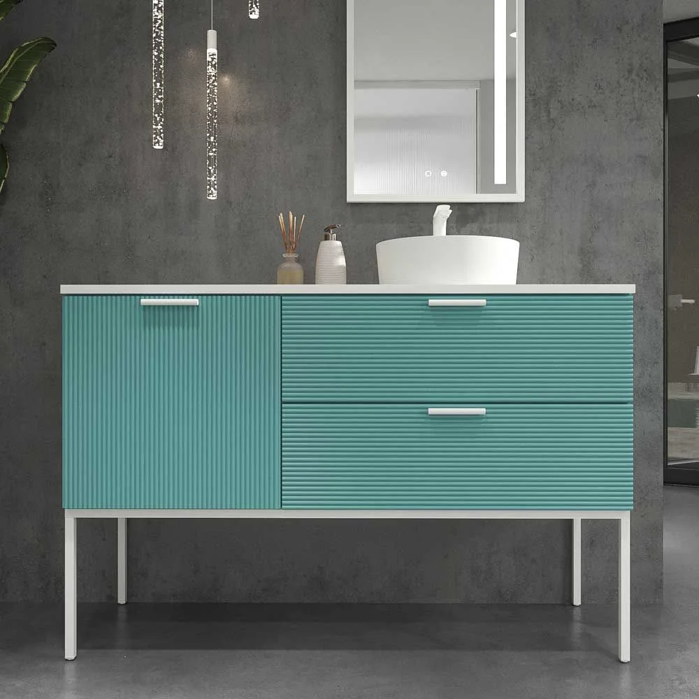 Mueble de baño HOLE con patas 2 cajones/1puerta acabado PASTEL TURQUESA con tapa y lavabo Osiris Solid Surface BLANCO - Imagen 8