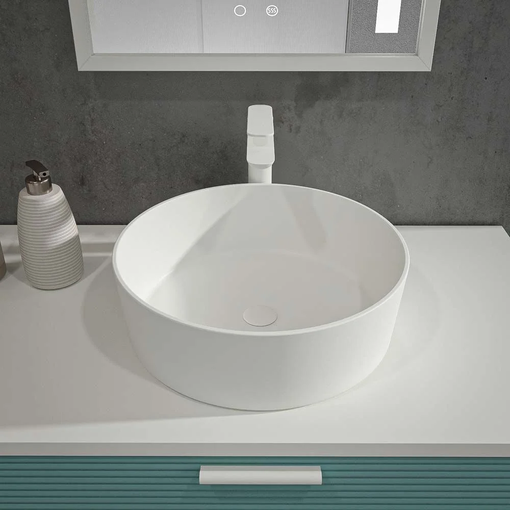 Mueble de baño HOLE con patas 2 cajones/1puerta acabado PASTEL TURQUESA con tapa y lavabo Osiris Solid Surface BLANCO - Imagen 3
