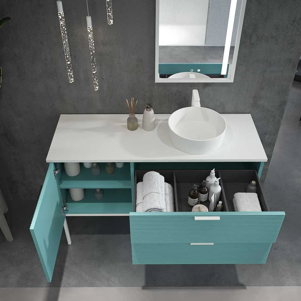 Mueble de baño HOLE con patas 2 cajones/1puerta acabado PASTEL TURQUESA con tapa y lavabo Osiris Solid Surface BLANCO - Imagen 9