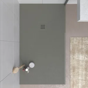 Plato ducha resina CLOE Gris Cuarzo RAL 7039 con textura pizarra antibacteriano y antideslizante. Rejilla termolacada