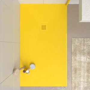 Plato ducha resina CLOE Amarillo Tráfico RAL 1021 con textura pizarra antibacteriano y antideslizante. Rejilla termolacada