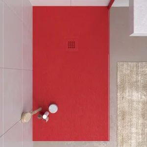 Plato ducha resina CLOE Rojo Tráfico RAL 3020 con textura pizarra antibacteriano y antideslizante. Rejilla termolacada