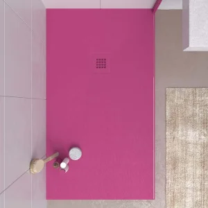 Plato ducha resina CLOE Magenta RAL 4010 con textura pizarra antibacteriano y antideslizante. Rejilla termolacada