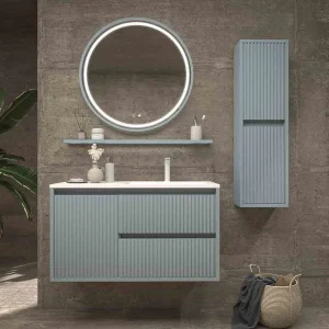 Mueble de baño suspendido 2 cajones / 1 puerta MILIA con lavabo Solid Surface  GRIS PERLA