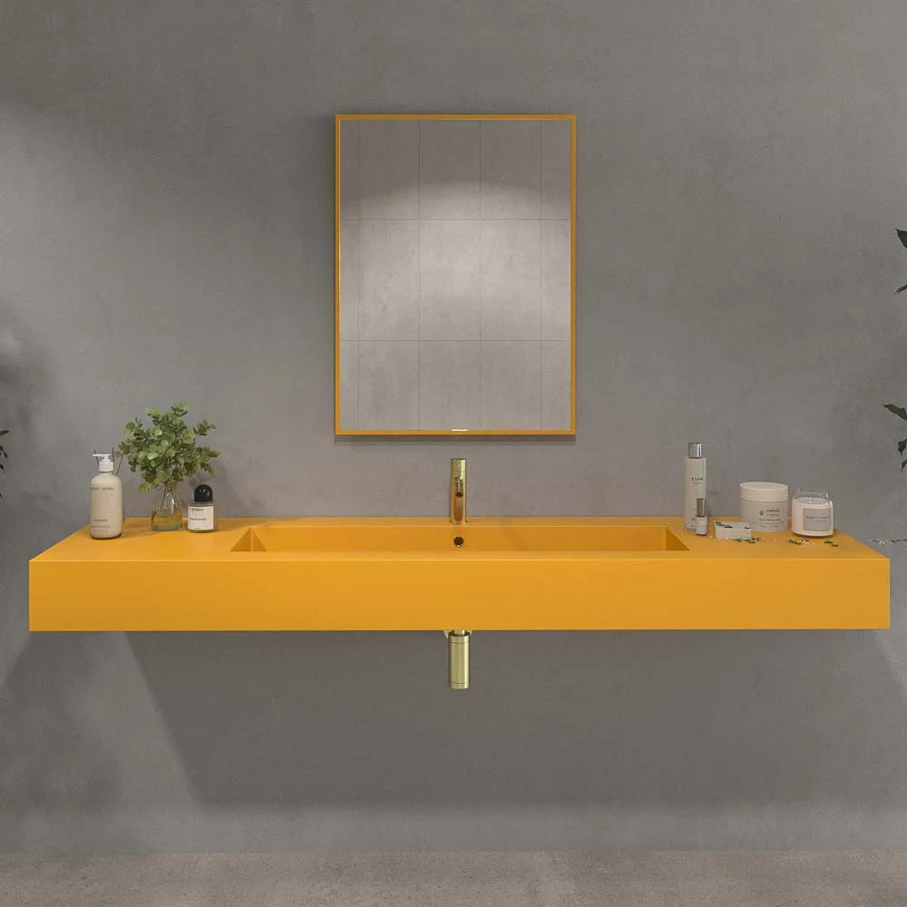 Lavabo suspendido a medida FIONA un seno centrado SOLID SURFACE Amarillo narciso RAL 1007 - Imagen 4
