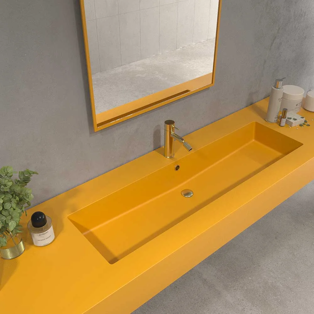 Lavabo suspendido a medida FIONA un seno centrado SOLID SURFACE Amarillo narciso RAL 1007 - Imagen 3