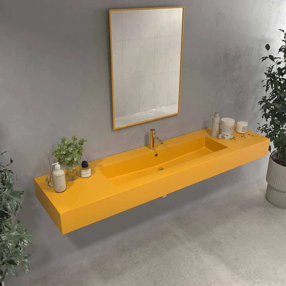 Lavabo suspendido a medida FIONA un seno centrado SOLID SURFACE Amarillo narciso RAL 1007
