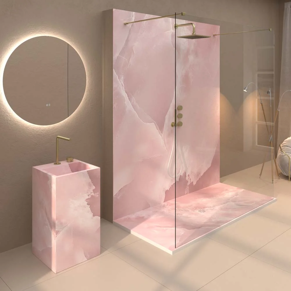 Panel de revestimiento para pared de baño MSCOMPACT efecto mármol ROSATO
