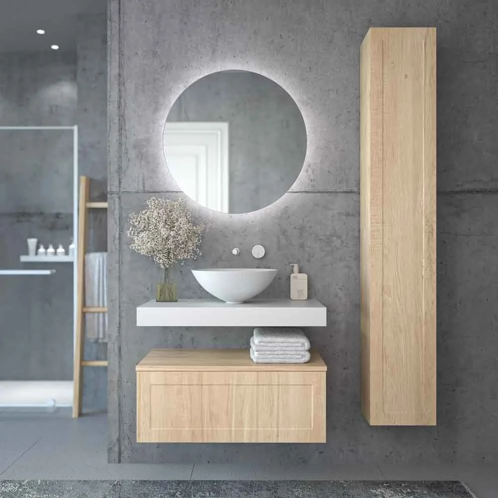 Mueble de baño suspendido 1 cajón BUDGET con tapa y lavabo BOL Solid Surface ROBLE CLARO