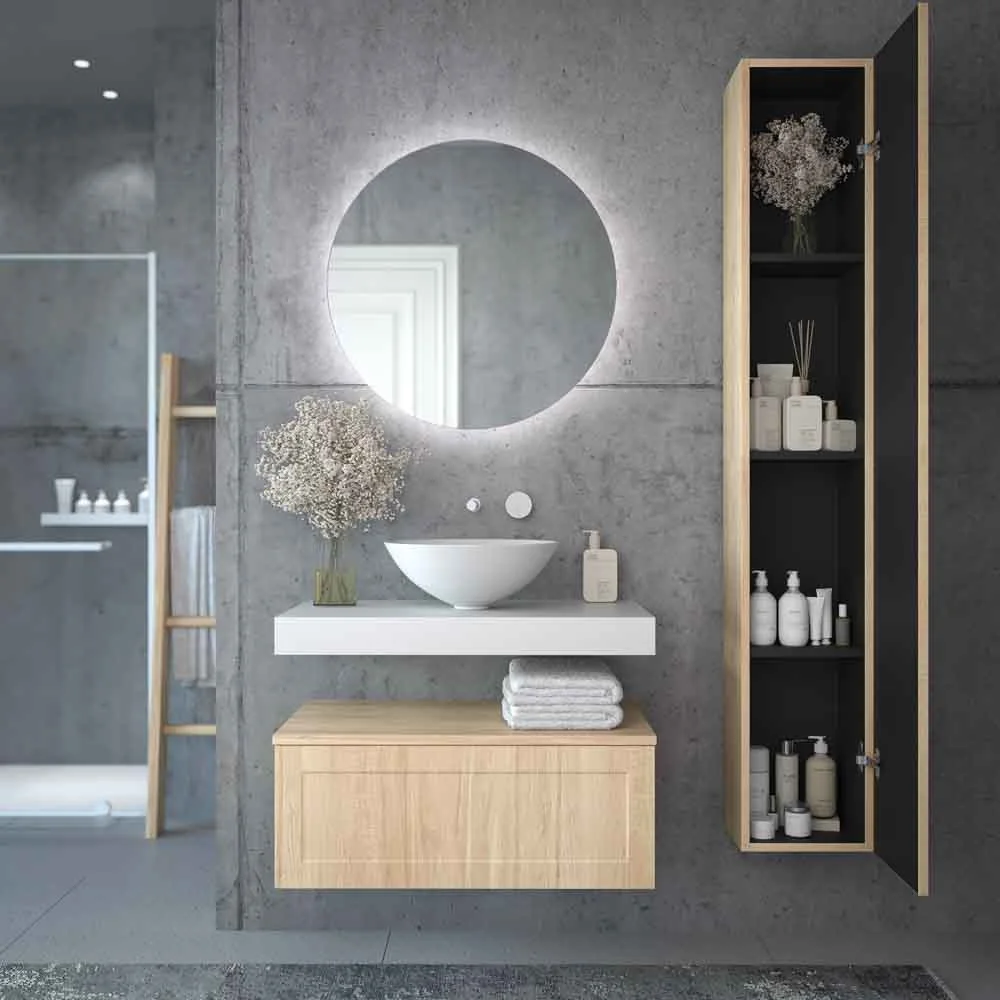 Mueble de baño suspendido 1 cajón BUDGET con tapa y lavabo BOL Solid Surface ROBLE CLARO - Imagen 4